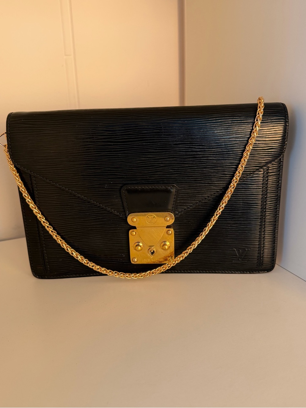 Louis Vuitton Black Epi Leather Clutch with Gold Chain